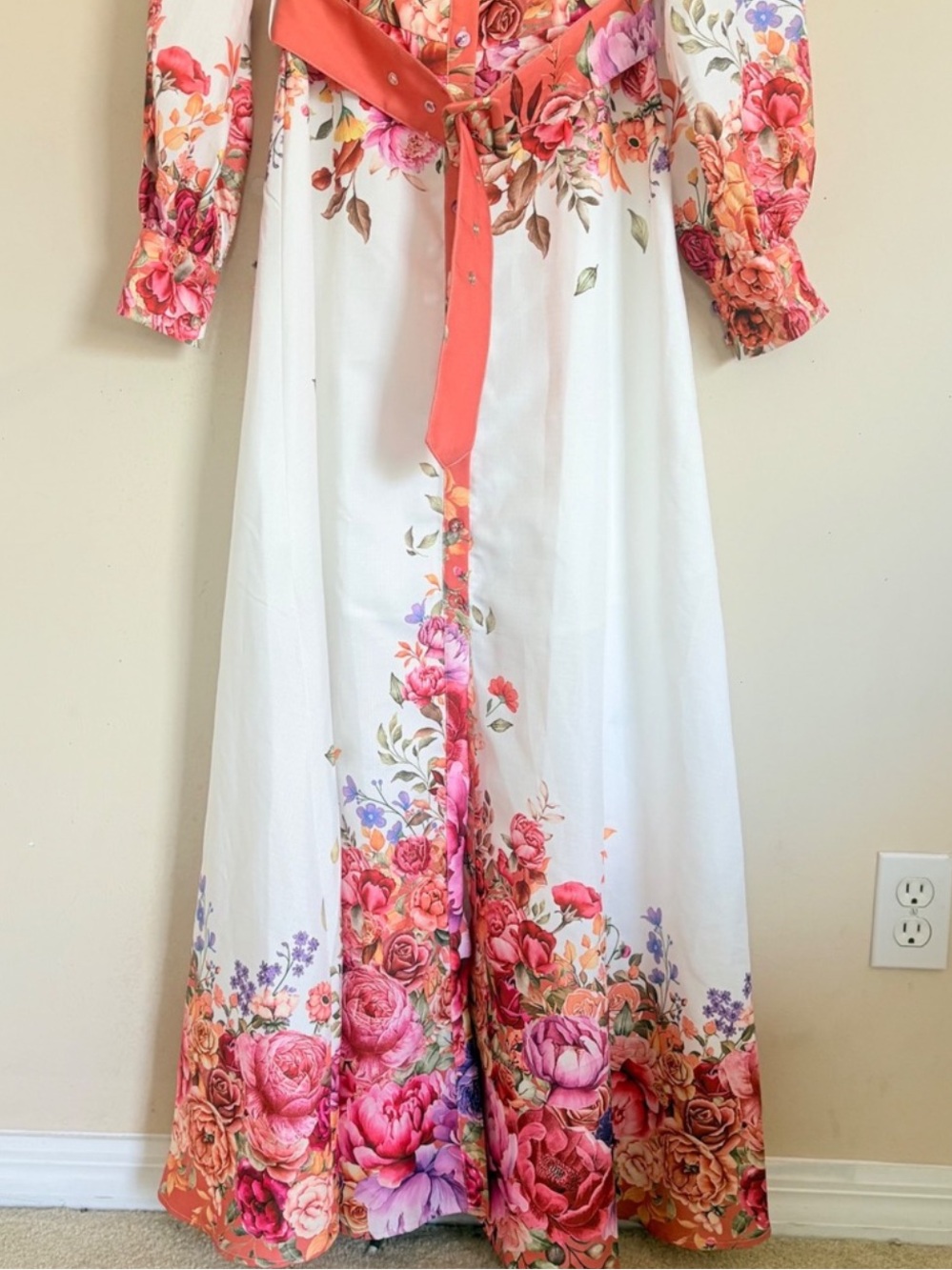 Avara Mainstrip Floral Belted Maxi Shirt Dress White Pink Orange Medium NWT - Picture 4 of 11